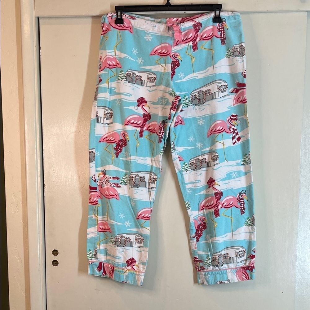 Nick & Nora Flannel Flamingo Print Pajamas - Blue and Pink size Medium